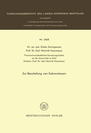 ISBN 9783531024684: Zur Beurteilung von Subventionen