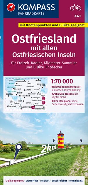 ISBN 9783991541653: KOMPASS Fahrradkarte 3322 Ostfriesland mit allen Ostfriesischen Inseln mit Knotenpunkten 1:70.000 – reiß- und wetterfest mit Extra Stadtplänen