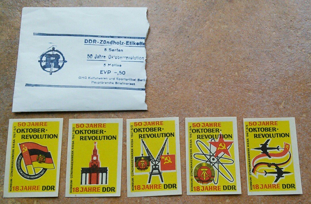 50 Jahre Oktoberrevolution DDR Zündholz Etiketten 5 Stück 1967