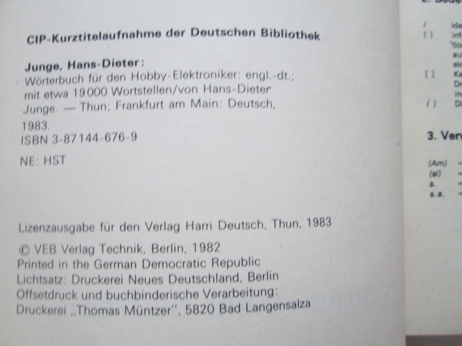 Verlag Harri Deutsch Worterbuch Fur Den Hobby Elektroniker Englisch Deutsch Von Dr Ing Buch Gebraucht Kaufen A02h2azx01zzm