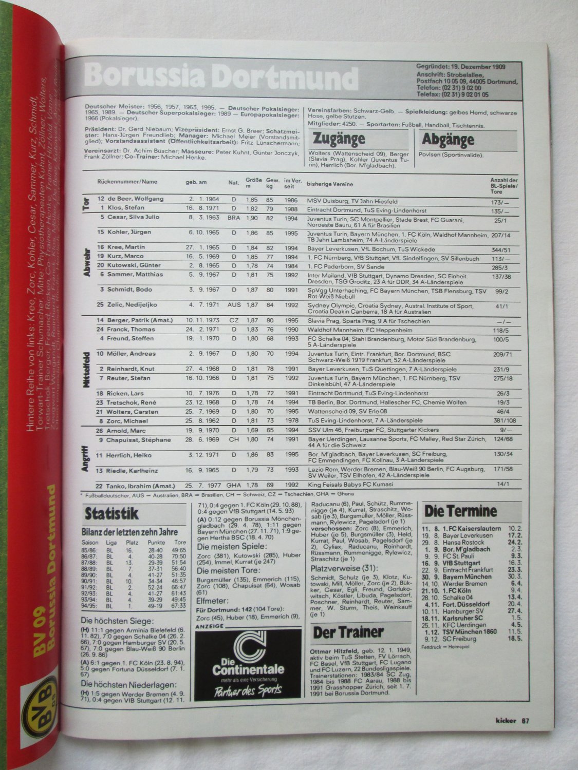 Sonderheft Bundesliga 1995/1996 mit Stecktabelle original KICKER Sonderausgabe 