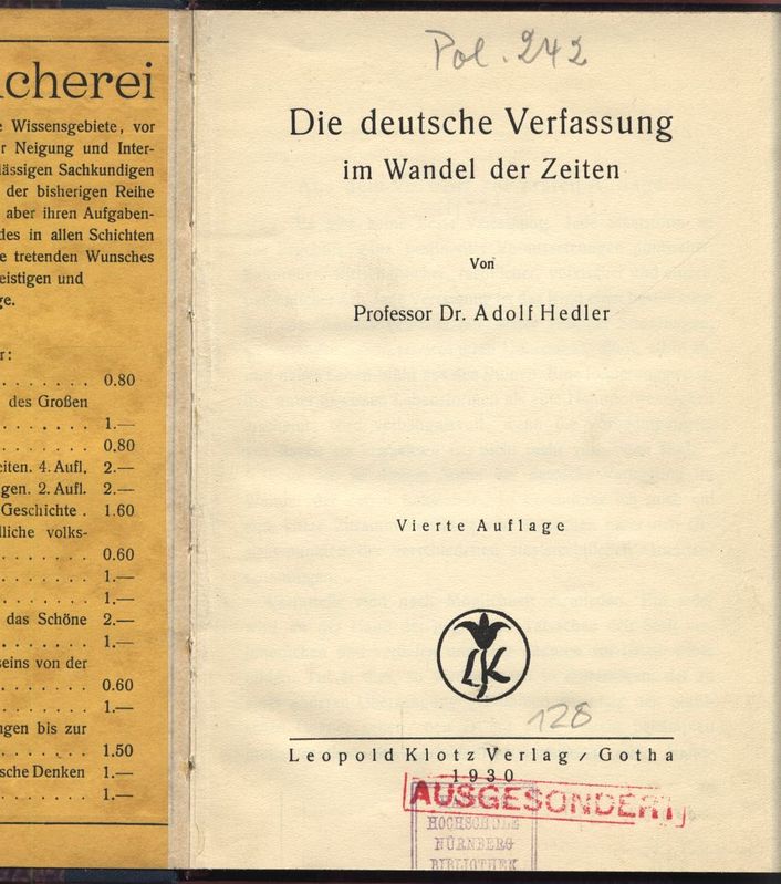 „Die Deutsche Verfassung Im Wandel Der Zeiten“ (Adolf Hedler) – Buch ...